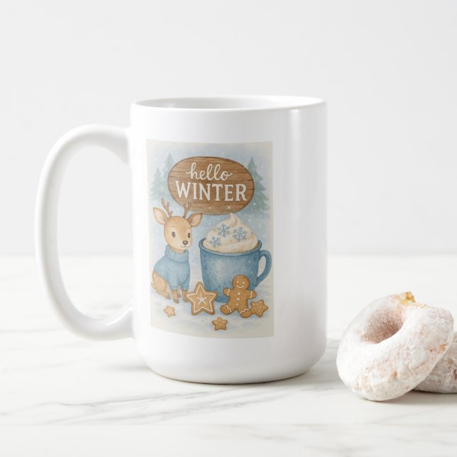 Hello Winter.Cosy Reindeer, Hot Cocoa, Gingerbread Coffee Mug (With Donut)