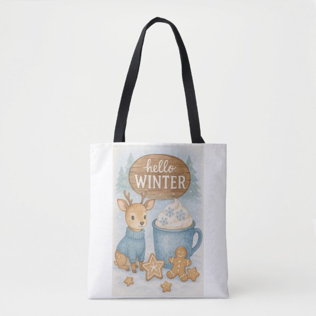 Hello Winter.Cosy Reindeer, Hot Cocoa, Gingerbread Tote Bag (Front)