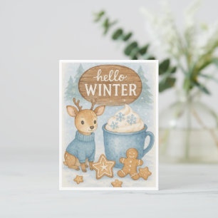 Hello Winter.Cozy Reindeer, Hot Cocoa, Gingerbread Postcard