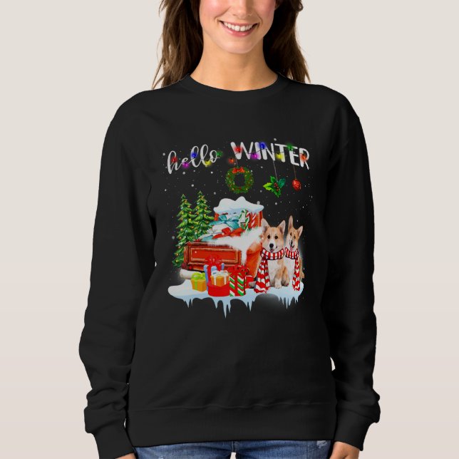 Hello Winter  Cute Corgi Christmas Tree Snow Sweatshirt (Front)