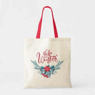 Hello Winter Festive Modern Floral Holiday Tote Bag