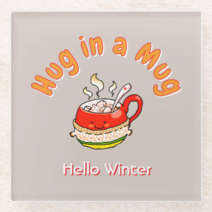 Hello Winter Hug in a Mug Cosy Kawaii Illustration Glass Coaster