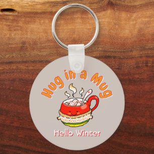 Hello Winter Hug in a Mug Cosy Kawaii Illustration Key Ring
