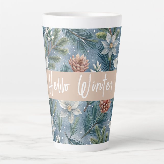 Hello Winter Pines & Flowers Latte Mug (Front)