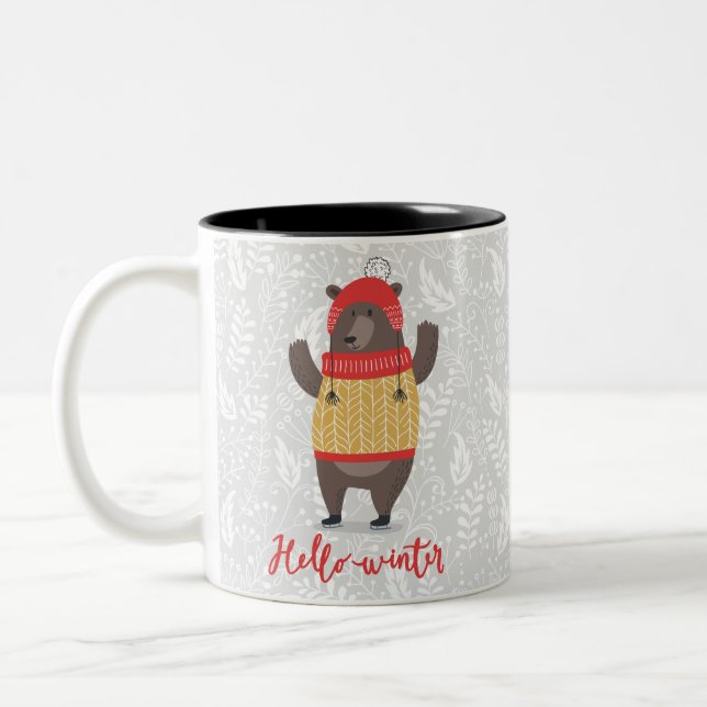 Hello Winter Season Greeting Illustration Bear Art Two-Tone Coffee Mug (Left)