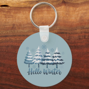 Hello Winter Season Vibes Trees Snowflakes Xmas Key Ring