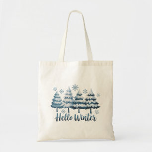 Hello Winter Season Vibes Trees Snowflakes Xmas Tote Bag