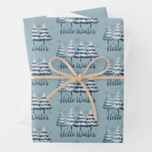 Hello Winter Season Vibes Trees Snowflakes Xmas Wrapping Paper Sheet