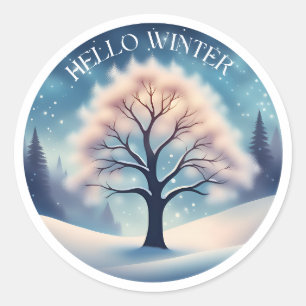 Hello Winter Tree Classic Round Sticker