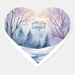 Hello Winter Watercolor Heart Sticker