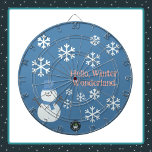Hello, Winter Wonderland Dartboard<br><div class="desc">A Slice of Life and Delight presents a Winter Wonderland dartboard featuring a snowman decorated with white snowflakes,  pink writing,  and a blue backdrop. The snowman dart board also features a blue hat and scarf.</div>