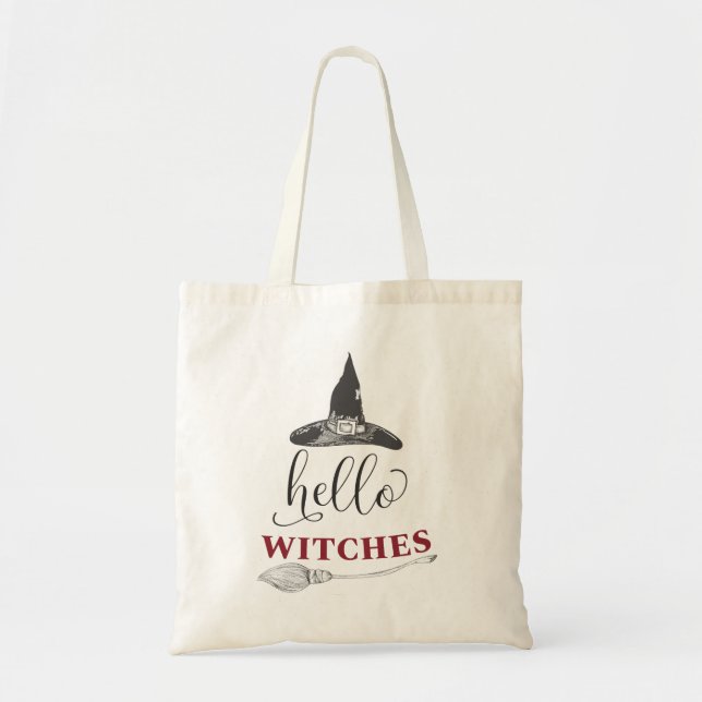 Hello Witches Halloween Trick Treat Funny Ladies Tote Bag (Front)