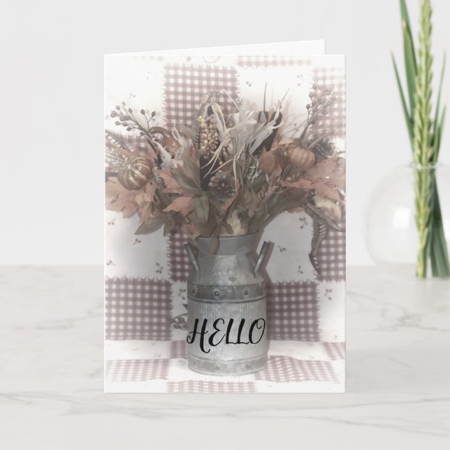 Hello with leaves in old Milk Jug Card (Front)