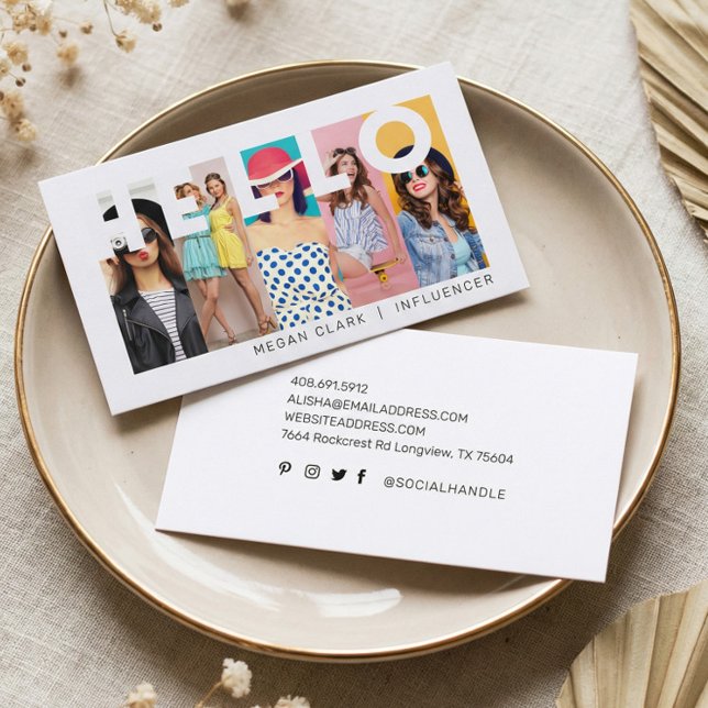 Hello With Modern & Minimal 5 photo Layout Business Card (Fun Modern Minimal Social Media Influencer Photo Business Card)