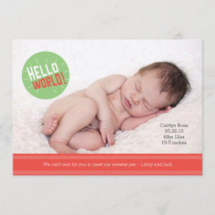 Hello World Baby Announcement Card 5 x 7"