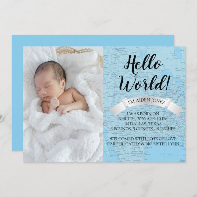 hello World Baby Blue World Map Birth Announcement (Front/Back)