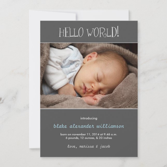Hello World Birth Announcement//Grey Announcement (Front)