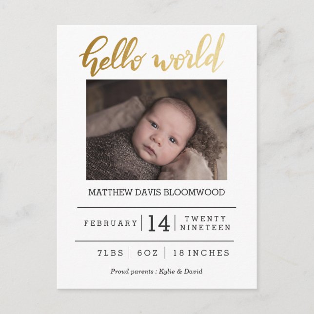 Hello World Birth Announcement Newborn Photo (Front)