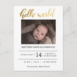 Hello World Birth Announcement Newborn Photo Postcard