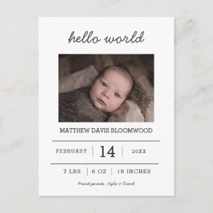 Hello World   Birth Announcement Newborn Photo Postcard