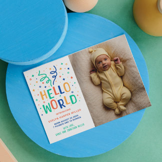 Hello World Colourful Confetti Birth Announcement