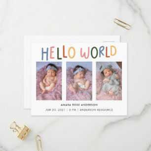 Hello World Colourful Typography 3 Photo Birth Invitation Postcard