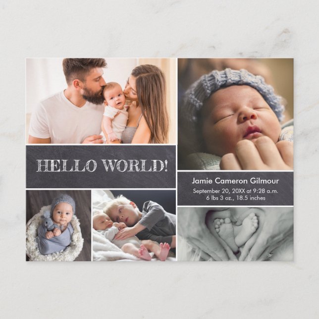 Hello World Custom Baby Photos birth stats chalk Postcard (Front)
