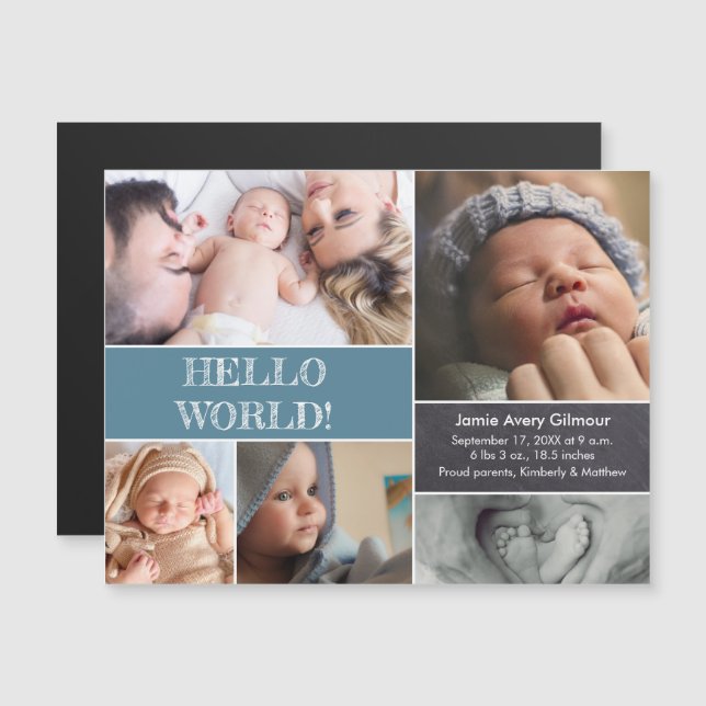 Hello World Custom photo collage baby birth Magnetic Invitation (Front/Back)