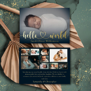 Hello World Gold Photo Collage Baby Announcement