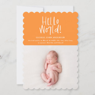 Hello world hand written modern photo birth announcement