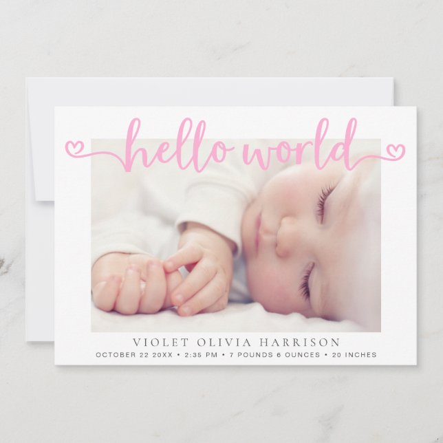 Hello World Hearts Photos Pink Baby Girl Birth Announcement (Front)