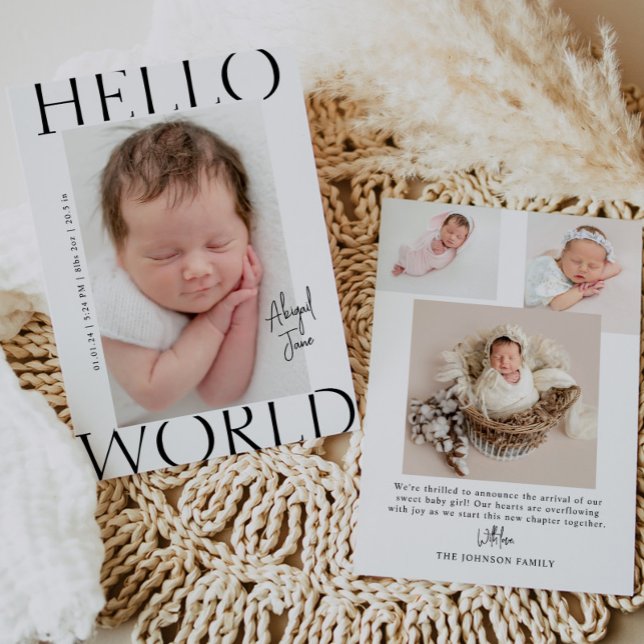 Hello World | Modern Minimalist Baby Photo Birth Announcement (Creator Uploaded)