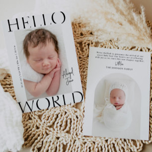 Hello World Modern Minimalist Baby Photo Birth Announcement