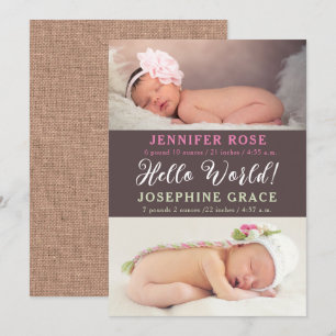 Hello World! Modern Photo Twins Birth Announcement