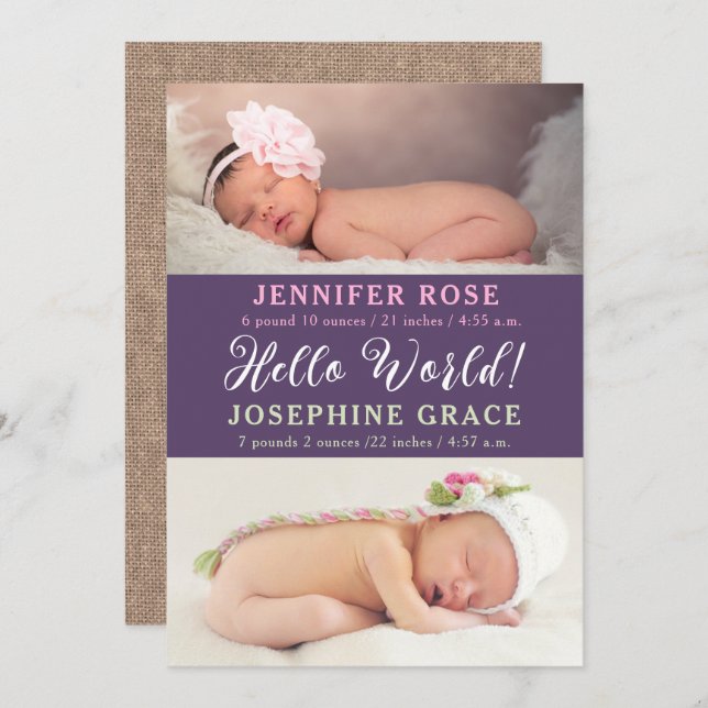 Hello World! Modern Photo Twins Birth Announcement (Front/Back)