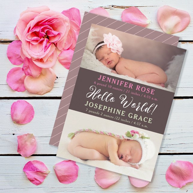 Hello World! Modern Photo Twins Birth Announcement (Creator Uploaded)