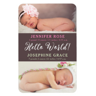 Hello World! Modern Photo Twins Birth Announcement Magnet