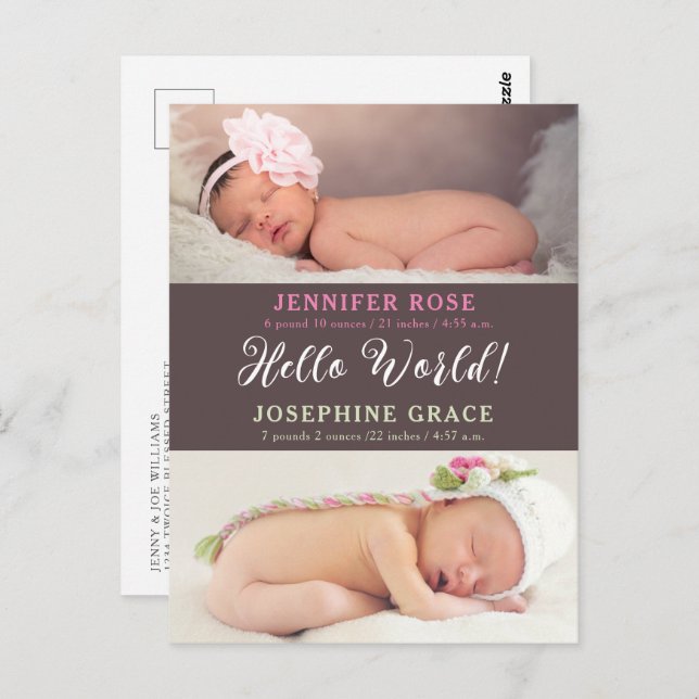 Hello World! Modern Photo Twins Birth Announcement Postcard (Front/Back)
