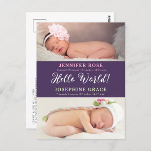 Hello World! Modern Photo Twins Birth Announcement Postcard