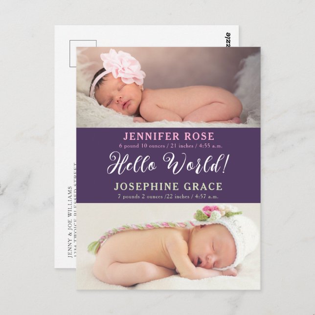 Hello World! Modern Photo Twins Birth Announcement Postcard (Front/Back)