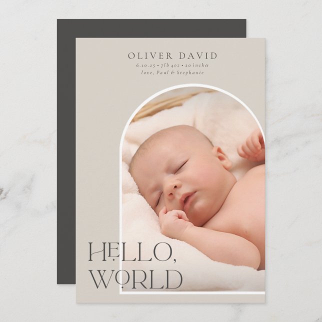 Hello World Neutral Arch Photo Birth Announcement (Front/Back)