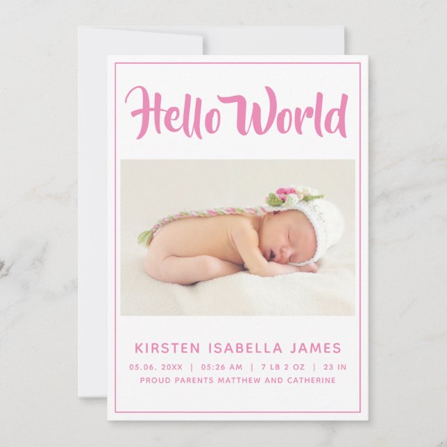 Hello World Photo Baby Announcement Pink (Front)