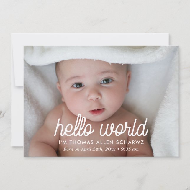 Hello world photo birth announcement card (Front)