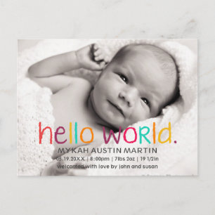 Hello World Photo Birth Announcement Postcard