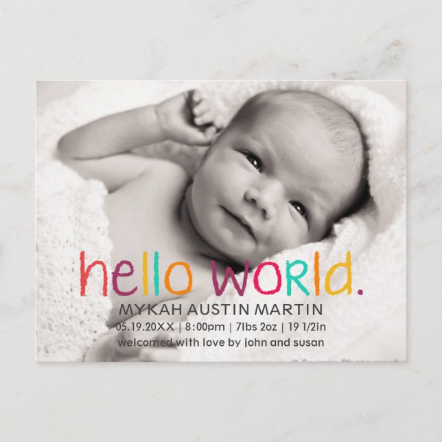 Hello World Photo Birth Announcement Postcard (Front)