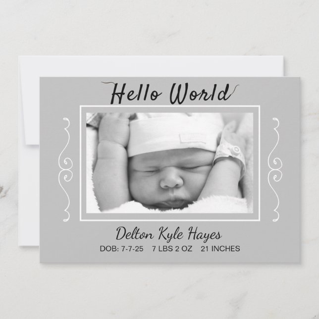 Hello World Photo Grey Baby Birth Announcement (Front)