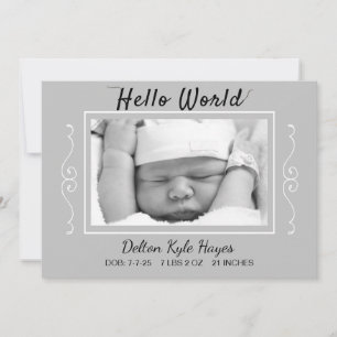 Hello World Photo Grey Baby Birth Announcement