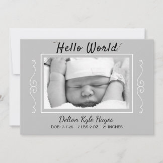Hello World Photo Grey Baby Birth Announcement