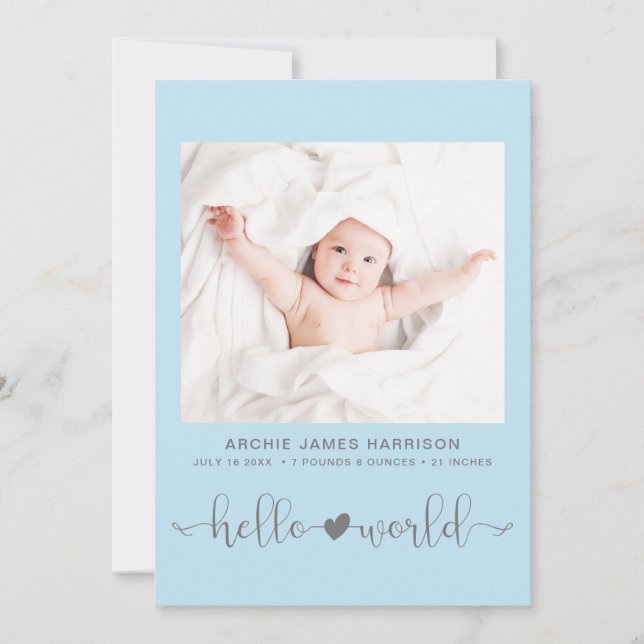 Hello World Photo Heart Blue Grey Baby Boy Birth Announcement (Front)