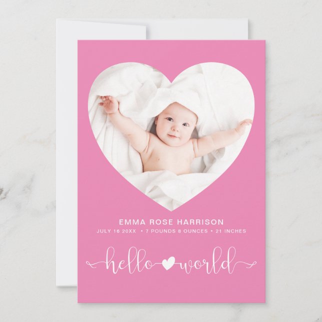 Hello World Photo Heart Frame Pink Girl Birth Announcement (Front)